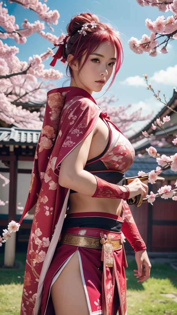  Sexy female character wearing red armor as a warrior from the Sengoku period 、((very short hair))、((Hot pink hair))、((toned body))、(glistening skin)、 toned body、((huge breasts))、Big Breasts、 plump thighs、 The pink armor with a plum blossom pattern engraved on it is a bikini type and is designed to emphasize chest exposure、(  wearing a plum blossom patterned cape )、peplum skirt、Red shin guard with plum blossom engraved on it 、Pink high-leg underwear 、Red tights 、 absolute domain、Inverted skirt、(fighting pose)、((holding katana))、Draw your sword、Iai、Dramatic lighting、((Clear Sky Thunderbolt))、(( Plum blossoms in full bloom in the background ))、(( Large plum blossoms in full bloom on the front ))、 cinema-like scene  、 Max Image、 Ultra High Definition、8k