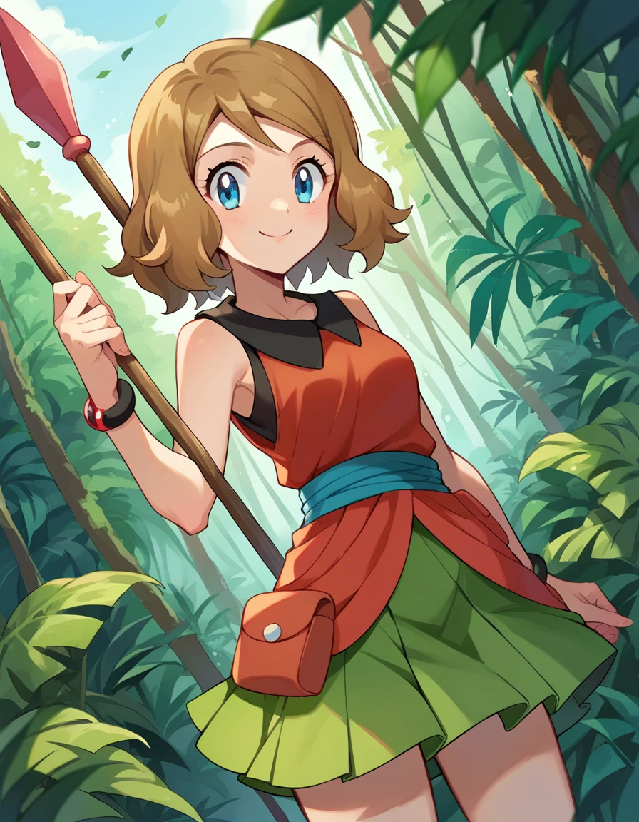 score_9, score_8_up, score_7_up, source_anime,
pokemonserena,spear blue eyes, brown hair, smile,
leaf skirt, tribal tatoo,
outdoors, jungle,
looking at viewer, cowboy shot, dutch angle,