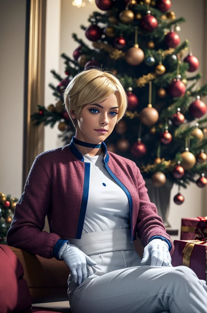 Short hair, blonde, solo, realistic, detailed, beautiful face, BLUE eyes, makeup, KingKof, byzantium jacket, PANTS, gloves, body, (sitting), Christmas tree, Christmas gift, Christmas, perfect hands, perfect fingers, room