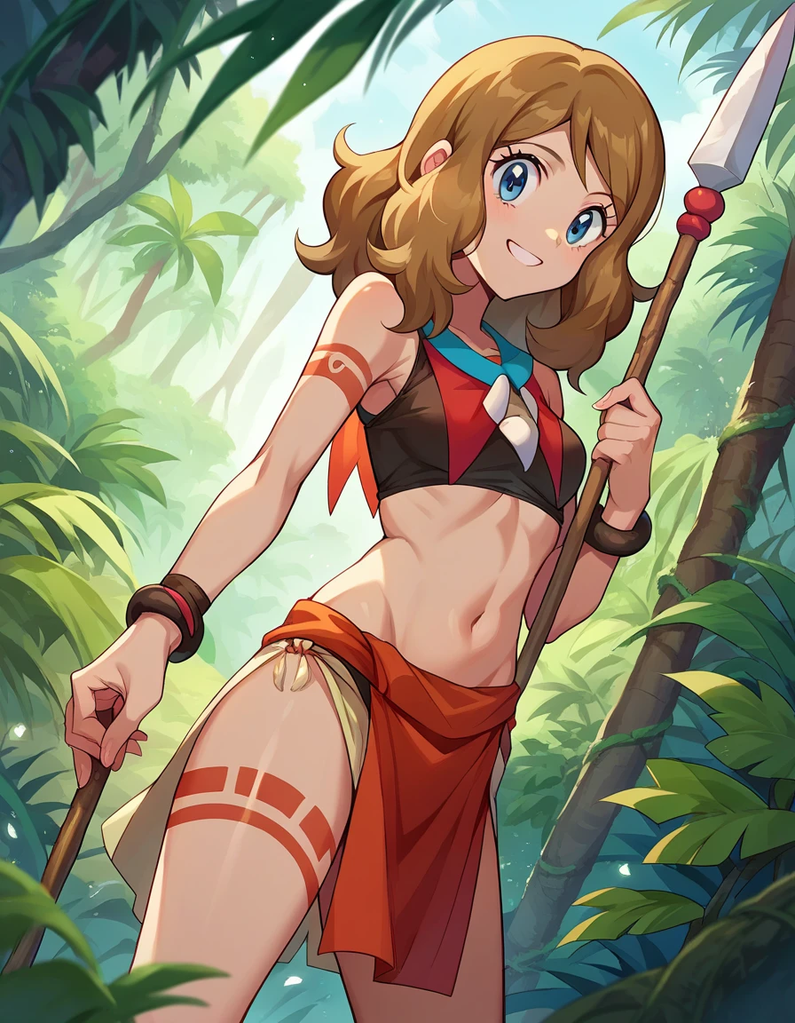 score_9, score_8_up, score_7_up, source_anime,
pokemonserena,spear blue eyes, brown hair, smile,
tribal loincloth, tribal tatoo,
outdoors, jungle,
looking at viewer, cowboy shot, dutch angle,