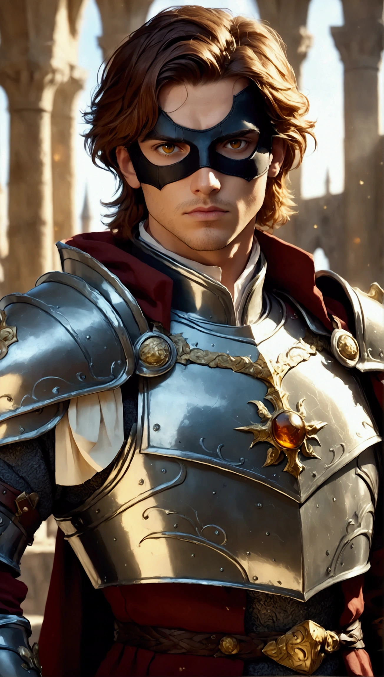 ( absurdres,  intricate details , masterpiece,  Best Quality ,  High resolution , 8K), 1 male, delgado, young, aged up, masked,  finely detailed eyes and face ,  Reddish brown hair with low fading,  amber eyes ,  portrait,   looking at the spectator, Alone, half drunk,  detailed background , (light fantasy theme:1.1),  Approach, mercenary,  sunshine, floating remnants ,   color plate armor , divine aura,  bright realistic lighting , Marble Castle, Intense atmosphere, little circle, Coat of Arms,  Brasero,  , depth of field, visual effects.