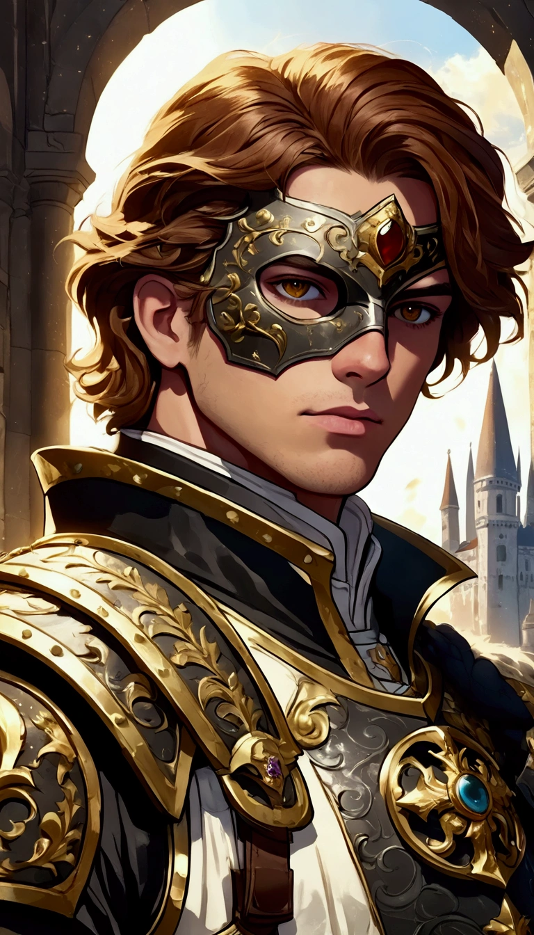 ( absurdres,  intricate details , masterpiece,  Best Quality ,  High resolution , 8K), 1 male, delgado, young, aged up, masked,  finely detailed eyes and face ,  Reddish brown hair with low fading,  amber eyes ,  portrait,   looking at the spectator, Alone, half drunk,  detailed background , (light fantasy theme:1.1),  Approach, mercenary,  sunshine, floating remnants ,   color plate armor , divine aura,  bright realistic lighting , Marble Castle, Intense atmosphere, little circle, Coat of Arms,  Brasero,  , depth of field, visual effects.