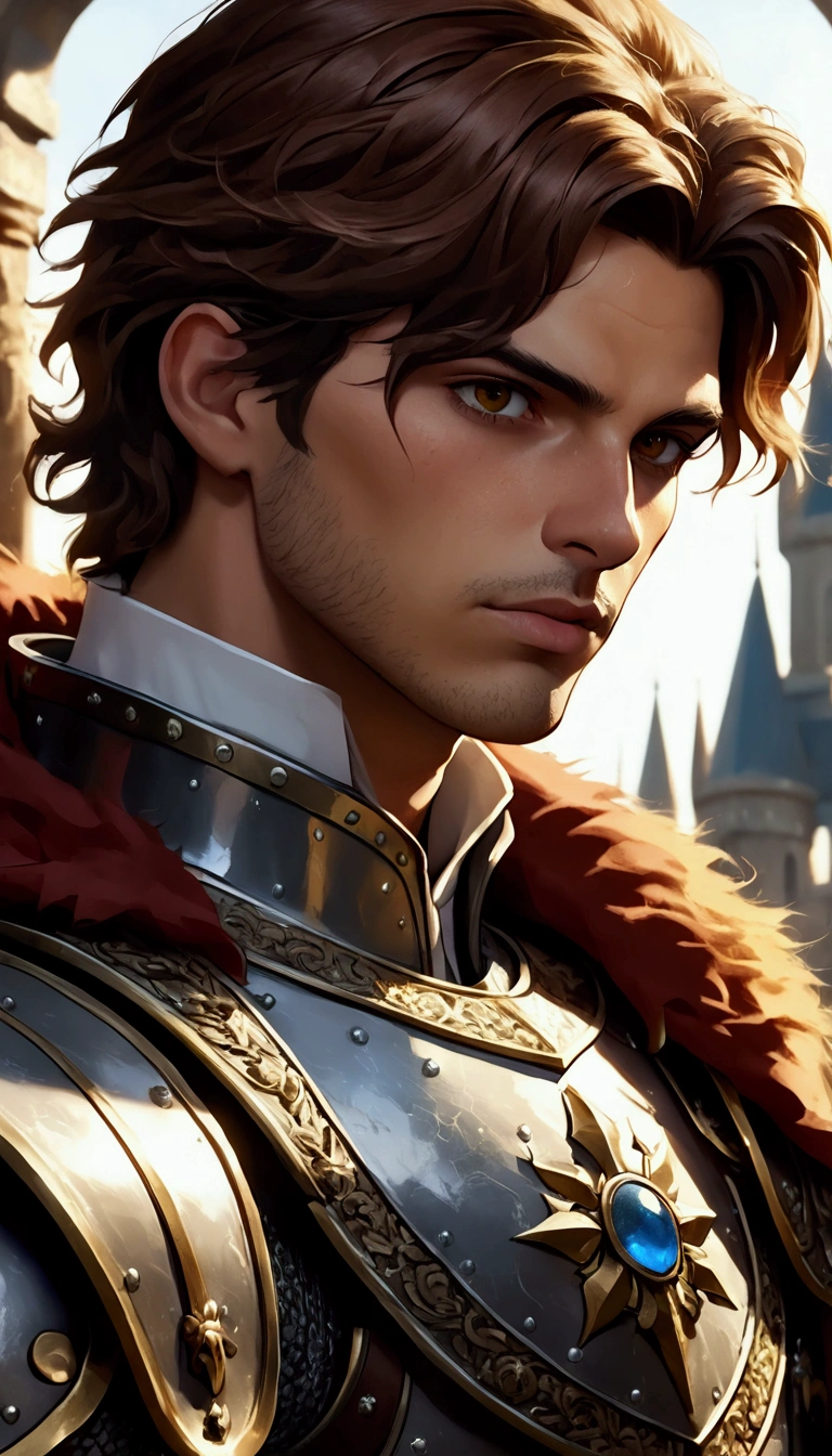 ( absurdres,  intricate details , masterpiece,  Best Quality ,  High resolution , 8K), 1 male, delgado, young, aged up, masked,  finely detailed eyes and face ,  Reddish brown hair with low fading,  amber eyes ,  portrait,   looking at the spectator, Alone, half drunk,  detailed background , (light fantasy theme:1.1),  Approach, mercenary,  sunshine, floating remnants ,   color plate armor , divine aura,  bright realistic lighting , Marble Castle, Intense atmosphere, little circle, Coat of Arms,  Brasero,  , depth of field, visual effects.