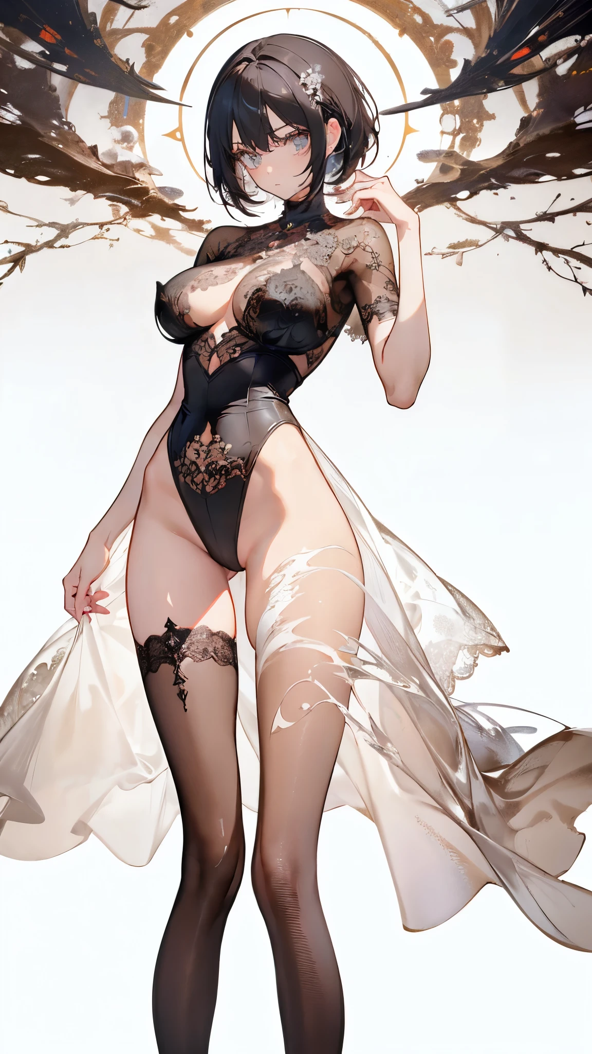 ((masterpiece, are of the best quality)), exquisite face ,goddess,brown and black and gray,whole body,Standing picture, perfect body proportions ,Long Legs,Short hair handsome, Beautiful Eyes,fantasy style, white background ,Extremely beautiful,transparent,sexy,Tattoo,Lace,Fishnet stockings, charm, big breasts ,nude