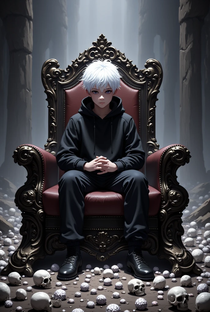  white-haired boy in black hoodie sitting on a throne of bones and skulls, In Hell gray ,  thousands of diamond watches on the floor 