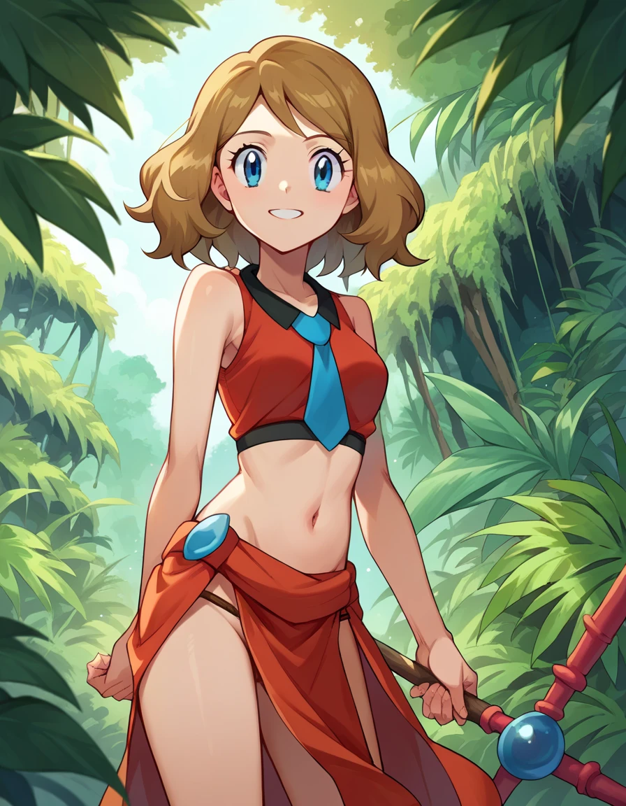 score_9, score_8_up, score_7_up, source_anime,
pokemonserena,spear blue eyes, brown hair, smile,
leaf loincloth, ,
outdoors, jungle,
looking at viewer, cowboy shot, dutch angle,