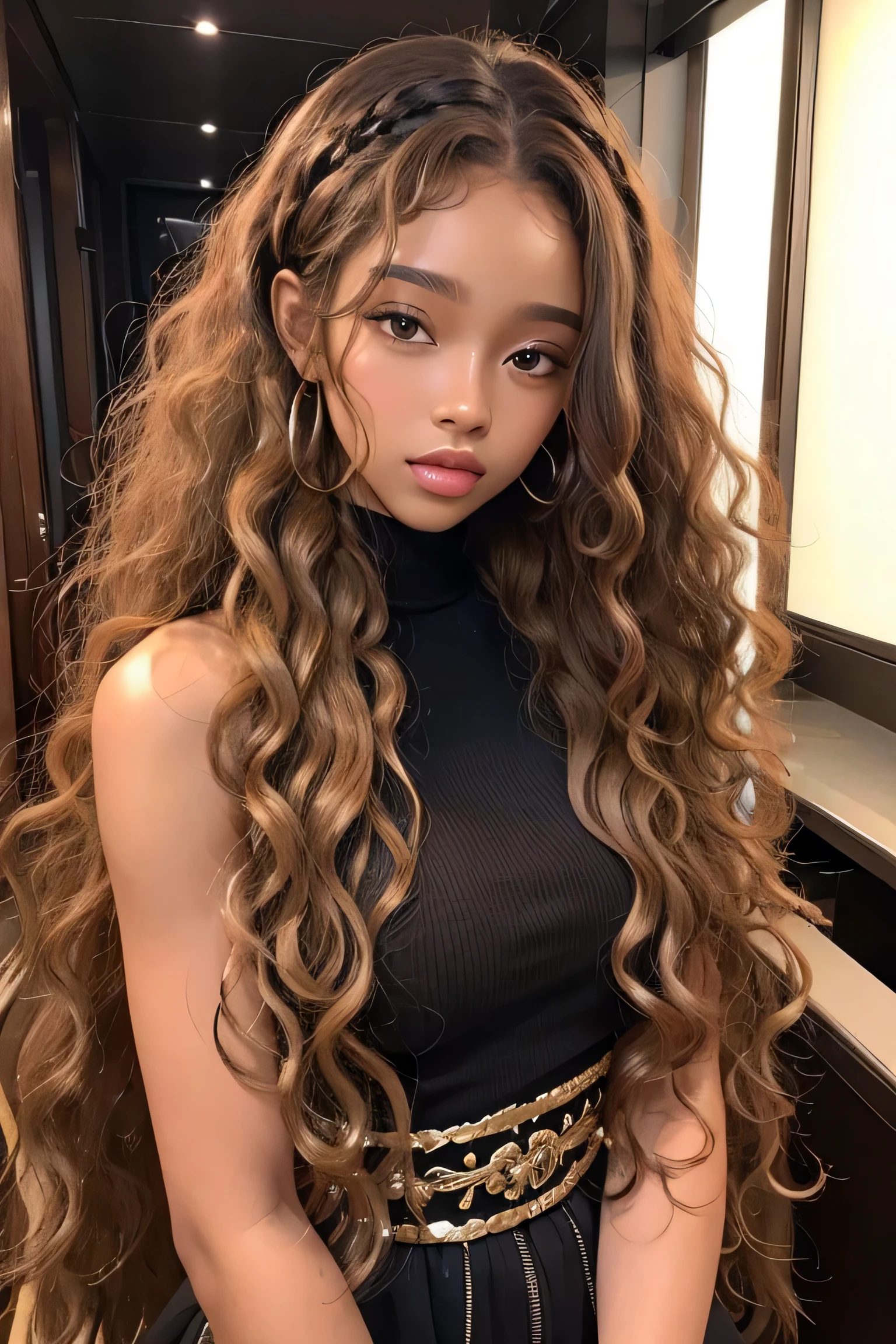  masterpiece, best quality, beautiful black mixed 19 year old, light brown skin female, long, frizzy, curly blond hair, perfect face, half body, long blond curly hair, melanin 