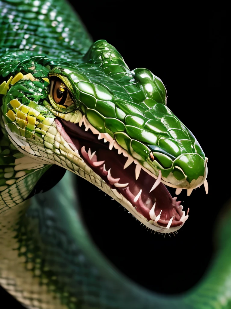 a close up of a snake with its tongue out and its head out, snake art, highly detailed snakes, snake head, green skin with scales, green snakes, reptile face, snake hair, snake scales, snake mouth, snake body, an amalgamation of a snake, snake heads, snake fangs, snake, coiled realistic serpents