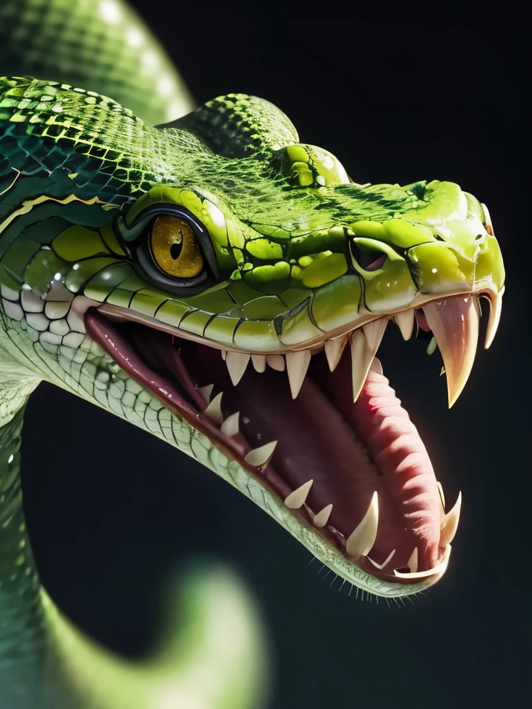 a close up of a snake with its tongue out and its head out, snake art, highly detailed snakes, snake head, green skin with scales, green snakes, reptile face, snake hair, snake scales, snake mouth, snake body, an amalgamation of a snake, snake heads, snake fangs, snake, coiled realistic serpents