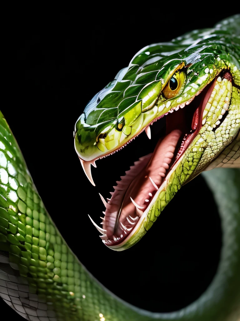 a close up of a snake with its tongue out and its head out, snake art, highly detailed snakes, snake head, green skin with scales, green snakes, reptile face, snake hair, snake scales, snake mouth, snake body, an amalgamation of a snake, snake heads, snake fangs, snake, coiled realistic serpents