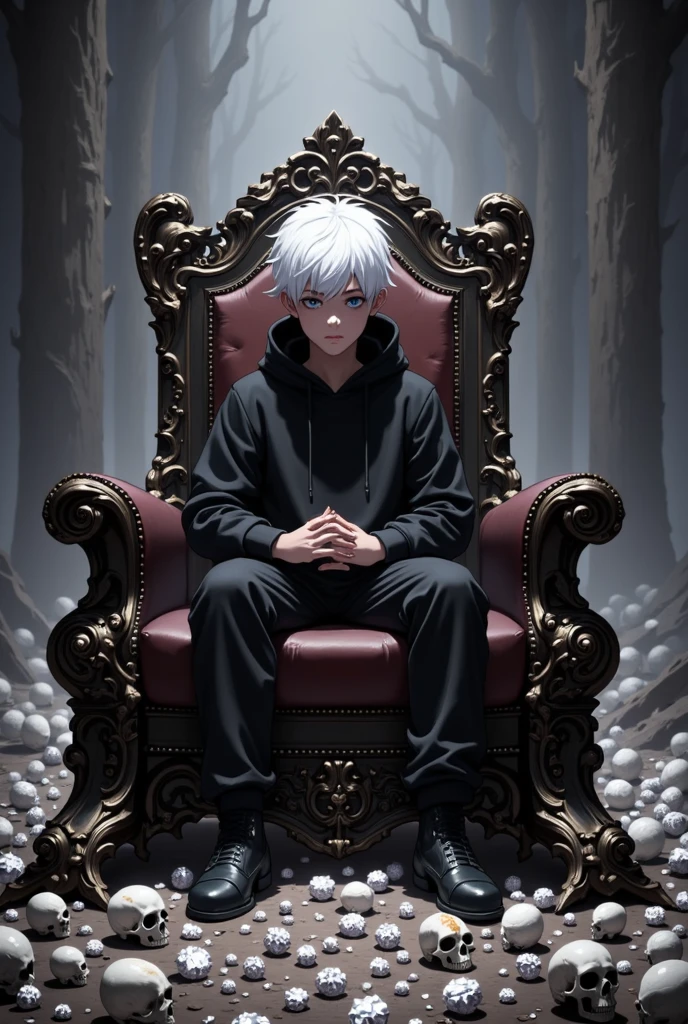 white-haired boy with a headband and black sweatshirt sitting on a throne of bones and skulls, In Hell gray ,  thousands of diamond watches on the floor 