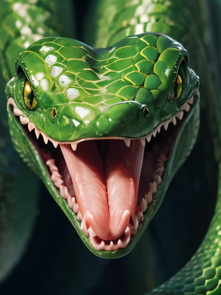 a close up of a snake with its tongue out and its head out, snake art, highly detailed snakes, snake head, green skin with scales, green snakes, reptile face, snake hair, snake scales, snake mouth, snake body, an amalgamation of a snake, snake heads, snake fangs, snake, coiled realistic serpents