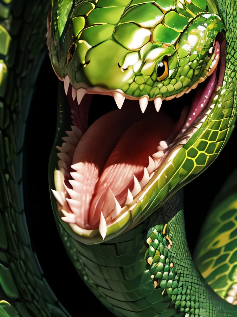 a close up of a snake with its tongue out and its head out, snake art, highly detailed snakes, snake head, green skin with scales, green snakes, reptile face, snake hair, snake scales, snake mouth, snake body, an amalgamation of a snake, snake heads, snake fangs, snake, coiled realistic serpents