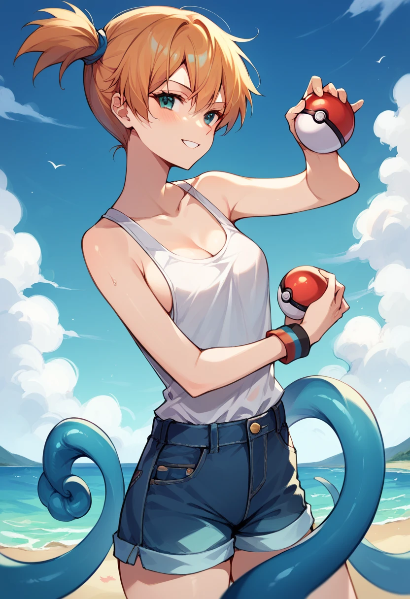 Sexy pokemon misty(holding pokeball) fighting giant blue tentacle monster (tantacles holding  scrolls)  at the beach.