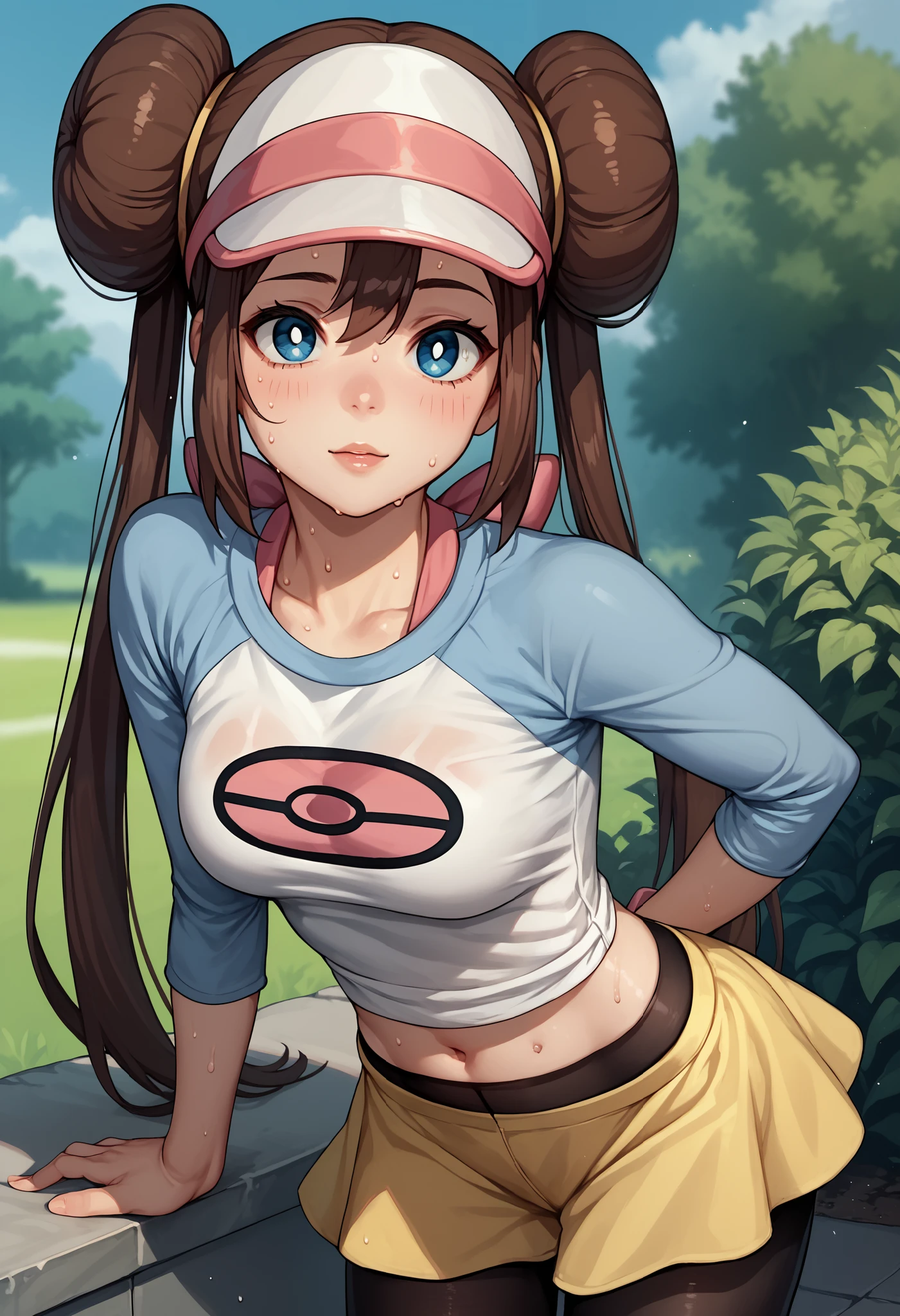 score_9, score_8_up, score_7_up, source_anime, 1girl, solo, outdoors, rosa, navel, sweating, sweat, bent over, hand in forehead, brown hair, double bun, doughnut hair bun, hair bun, blue eyes, hair between eyes, twintails, pantyhose, pantyhose under shorts, raglan sleeves, skirt, yellow skirt, white shirt, blue sleeves, long sleeves, visor cap, looking at viewer, cowboy shot,