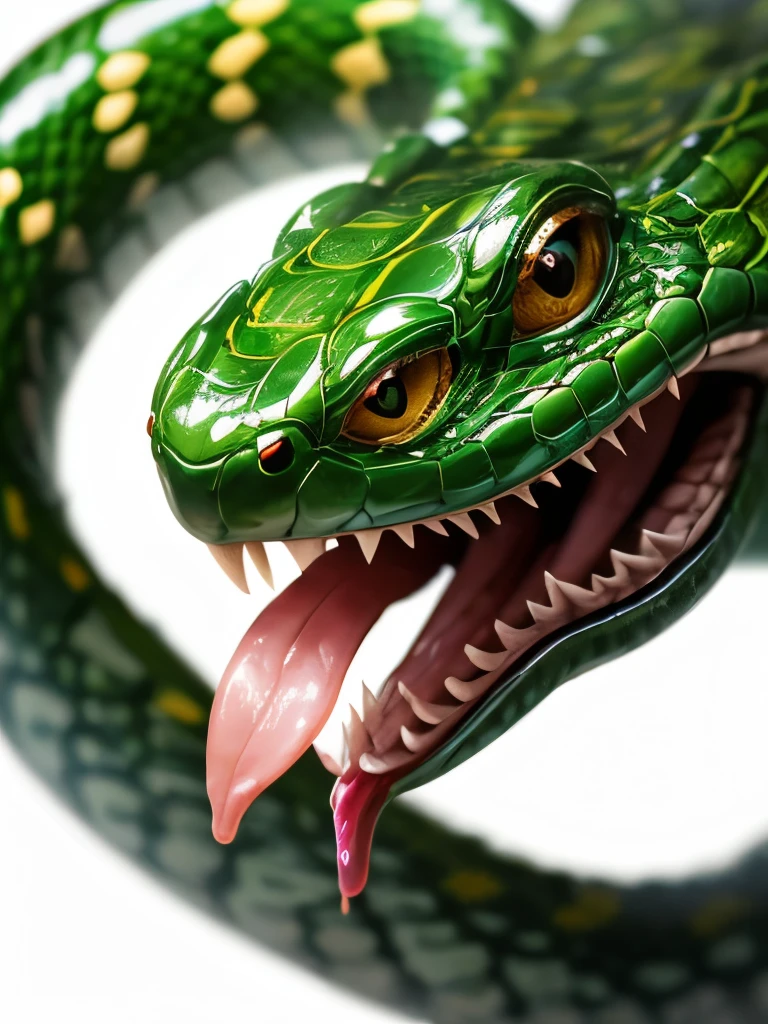 a close up of a snake with its tongue out and its head out, snake art, highly detailed snakes, snake head, green skin with scales, green snakes, reptile face, snake hair, snake scales, snake mouth, snake body, an amalgamation of a snake, snake heads, snake fangs, snake, coiled realistic serpents