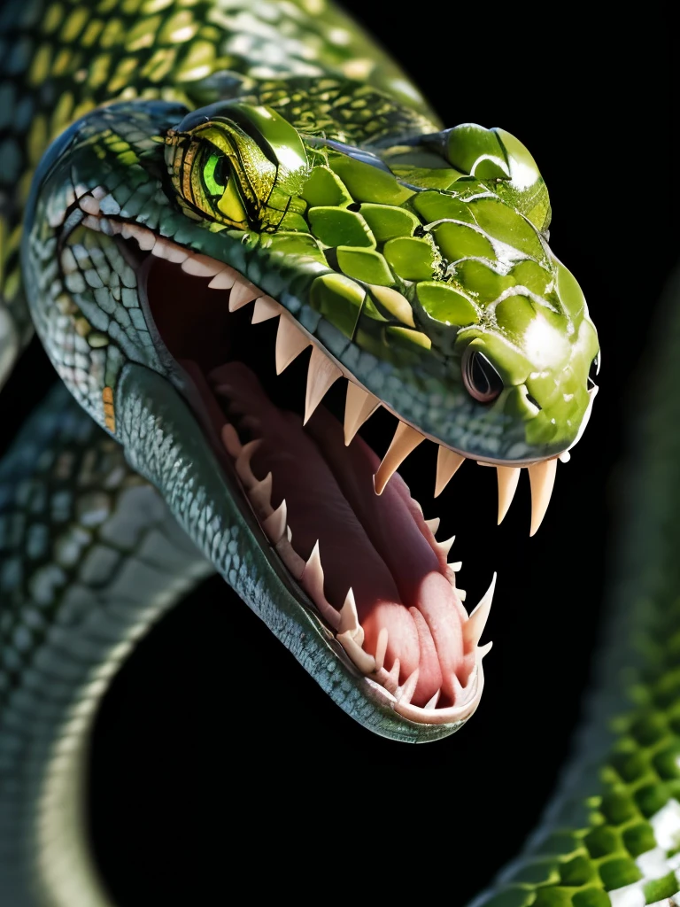 a close up of a snake with its tongue out and its head out, snake art, highly detailed snakes, snake head, green skin with scales, green snakes, reptile face, snake hair, snake scales, snake mouth, snake body, an amalgamation of a snake, snake heads, snake fangs, snake, coiled realistic serpents