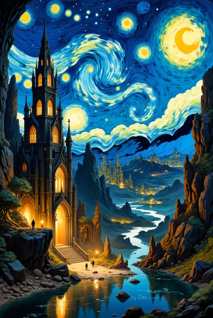 A fantasy city resembling Anor Londo from Dark Souls, depicted in the vibrant, swirling brushstrokes of Vincent van Gogh's Starry Night. The city features grand gothic architecture, towering spires, and illuminated buildings, with a glowing, star-filled night sky and a dreamy atmosphere. The scene combines Van Gogh's distinctive color palette of blues, yellows, and greens with the mystical and majestic feel of Anor Londo