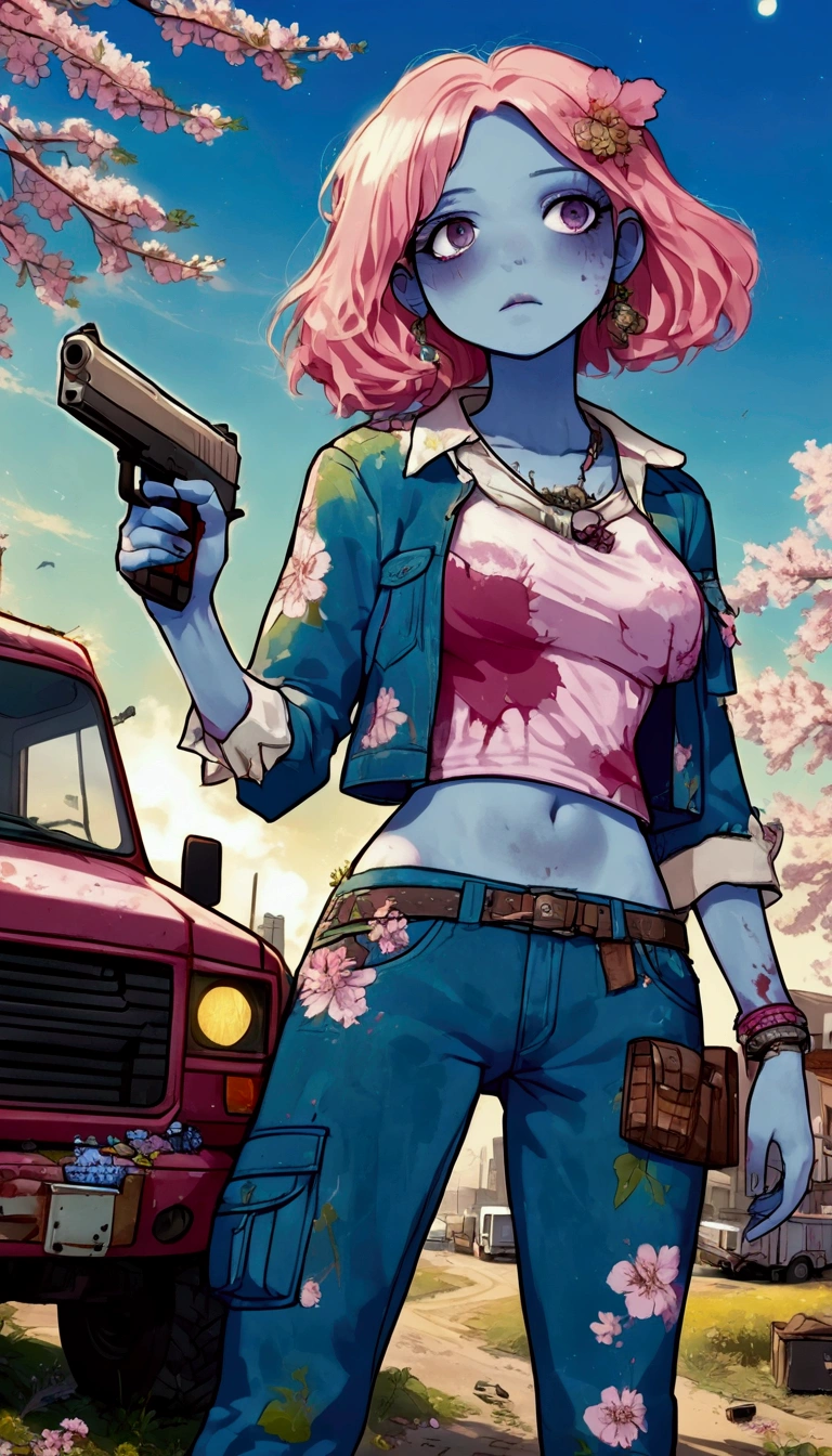 (masterpiece), ( Best Quality ), ( ultra-detailed ), sakura Zombie, 1 girl, Zombie,  blue skin ,  gunman shot, outdoors, (truck:1.3), Evening