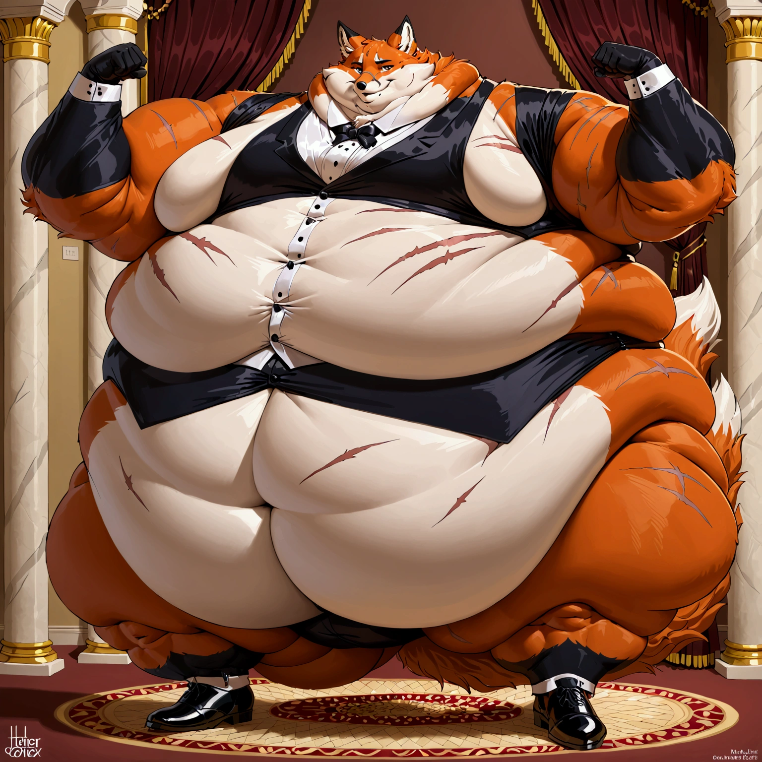 Very extremely morbidly-Obese Fox with unbelievably very very very extremely massive overhang white belly, wears shoes, butler, Flexing, scars on the face. 