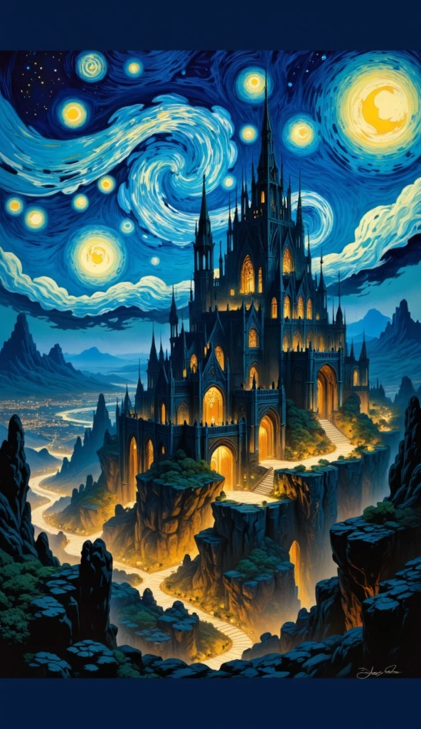 A fantasy city resembling Anor Londo from Dark Souls, depicted in the vibrant, swirling brushstrokes of Vincent van Gogh's Starry Night. The city features grand gothic architecture, towering spires, and illuminated buildings, with a glowing, star-filled night sky and a dreamy atmosphere. The scene combines Van Gogh's distinctive color palette of blues, yellows, and greens with the mystical and majestic feel of Anor Londo