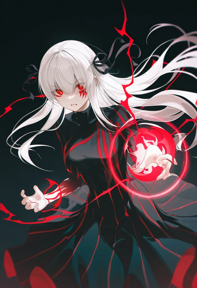 1girl, solo, black background, dark, wanke, z3zz4 Sakura Matou, white hair, red eyes, long hair, hair ribbon, body markings dark persona, corruption, red striped dress, long black dress, turtleneck teeth clenching, focus, serious, dynamic pose, fighting stance, holding dark energy, energy ball, red lightning, 
,masterpiece,best quality,amazing quality,