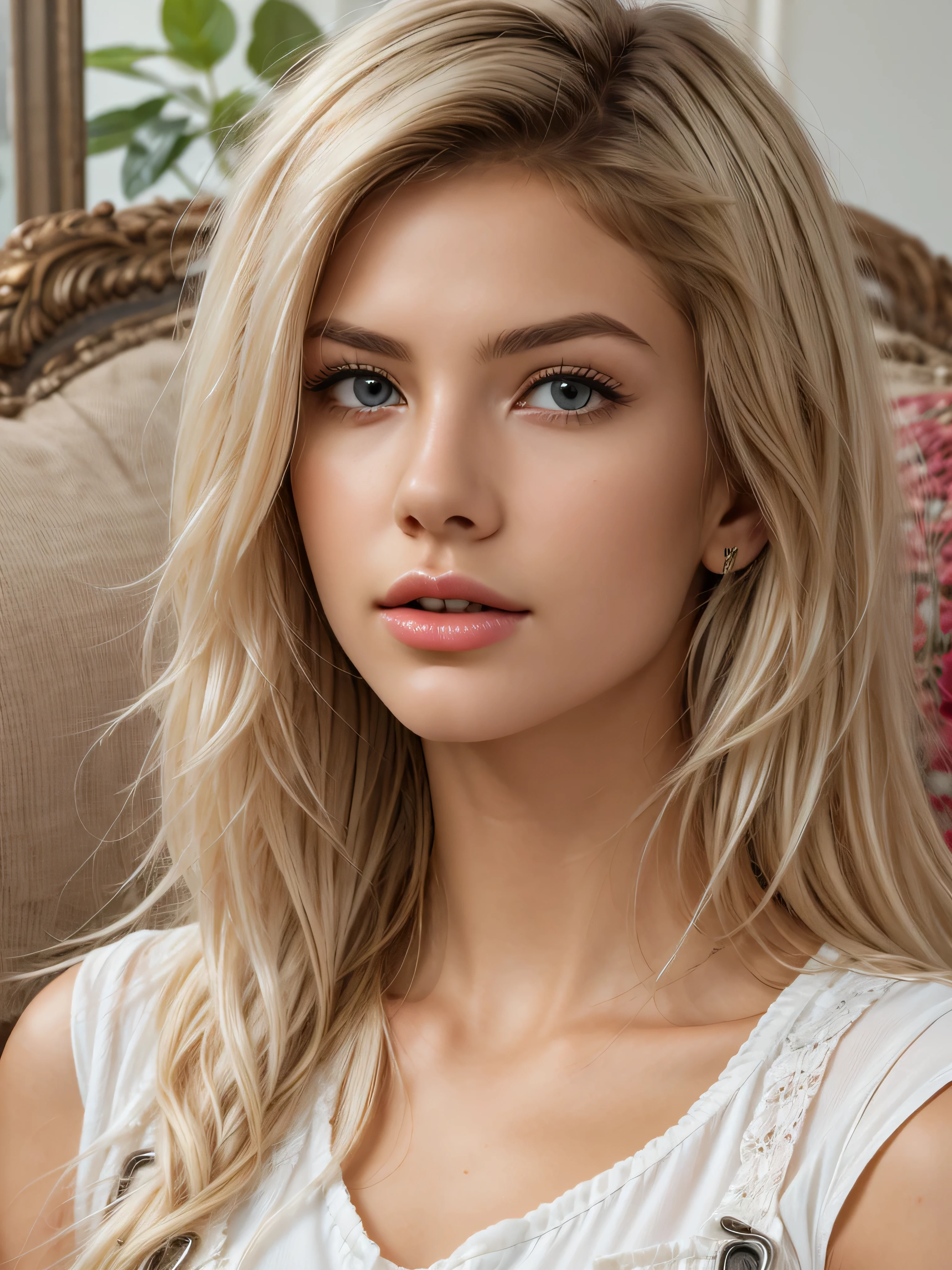 +Masterpiece, best quality, super detailed, a girl, beautiful face, rich details, (long white hair), perfect face, overalls, sitting, close-up, shabby sofa