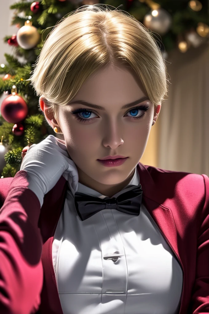 Short hair, blonde, solo, realistic, detailed, beautiful face, BLUE eyes, makeup, KingKof, (byzantium jacket, byzantium pants), white gloves, body, (sitting), Christmas tree, Christmas gift, Christmas, perfect hands, perfect fingers, room, Black Bow tie