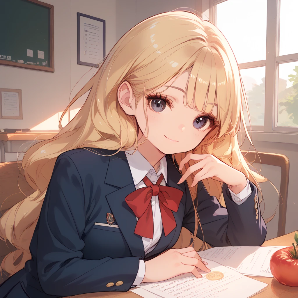  top quality, Anne Chatelaine, (yo:1.0),blonde hair, bright hair, long hair, (light smile), school uniform, smile,  closed mouth, Dark Eyes,  blazer, Navy blue clothes,  Red Ribbons , Provocative viewpoint, school, ish, Round eyes, small, indoors,