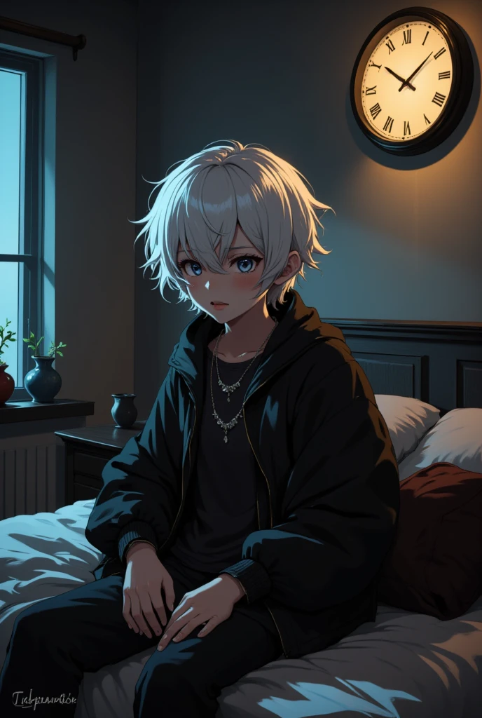  White-haired boy with black clothes , wearing a shiny necklace ,  sitting on the bed in a slightly messy room,  and a very well highlighted wall clock 