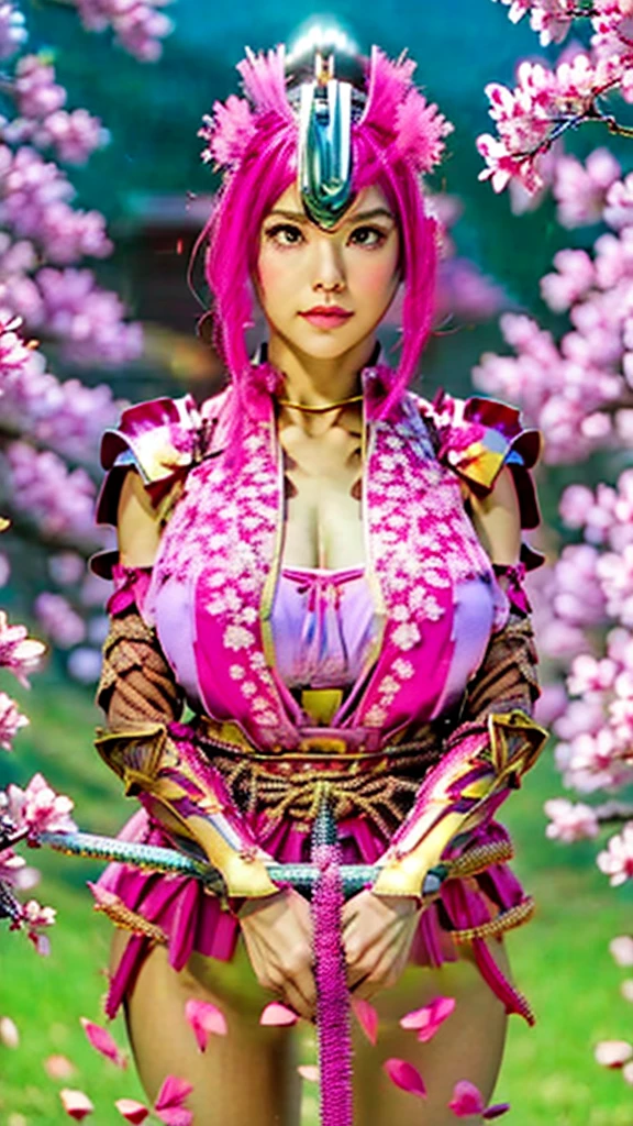  Sexy female character wearing red armor as a warrior from the Sengoku period 、((very short hair))、((Hot pink hair))、((toned body))、(glistening skin)、 toned body、((huge breasts))、Big Breasts、 plump thighs、 The pink armor with a plum blossom pattern engraved on it is a bikini type and is designed to emphasize chest exposure、(  wearing a plum blossom patterned cape )、peplum skirt、Red shin guard with plum blossom engraved on it 、Pink high-leg underwear 、Red tights 、 absolute domain、Inverted skirt、(fighting pose)、((holding katana))、Draw your sword、Iai、Dramatic lighting、((Clear Sky Thunderbolt))、(( Plum blossoms in full bloom in the background ))、(( Large plum blossoms in full bloom on the front ))、 cinema-like scene  、 Max Image、 Ultra High Definition、8k、masterpiece、