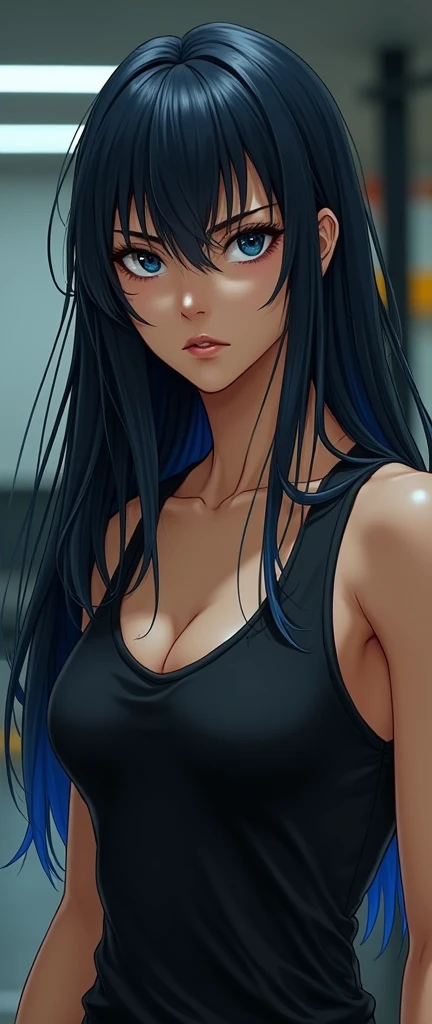 ((face front)), (looking at camera), ((sexy girl)), ((adult_face)), ((mature_face)), (gray_eyes), (grey_eyes), anime girl, gradient (black hair), long hair, (shiny skin), black_hair, solo, rating:questionable, indoors, ❤ love, beautiful, ((masterpiece)),