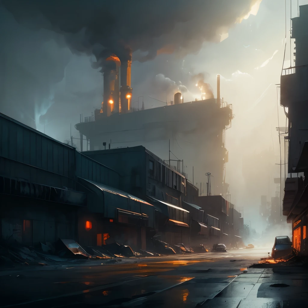 arafed industrial area with smoke and smokestacks in the background, industrial scifi, industrial sci - fi, industrial sci-fi, industrial sci fi, industrial environment, dystopian environment, digital concept art of dystopian, foggy dystopian world, industrial setting, factory background, dystopian atmosphere, industrial complex, detailed atmospheric and gritty, scenic dystopian environment, industrial aesthetic