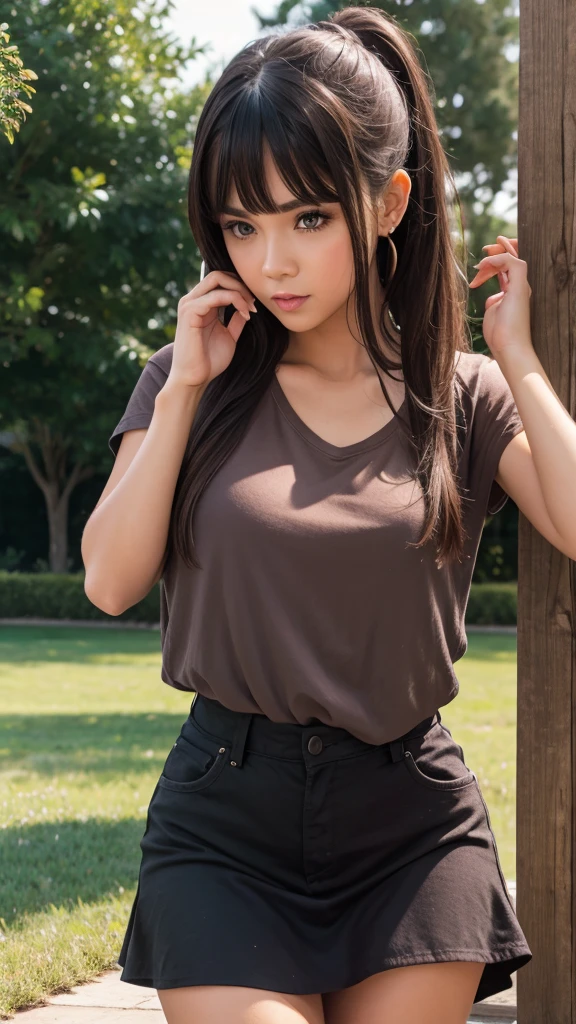 perfect photo, (masterpiece), 8k, best quality, expressive eyes, perfect face, Perfect hands, Perfect Finger, High resolution, high image quality, realistic skin texture, Realistic, ((Japanese, Girl, 19 years old)), Light brown hair, bangs, Long Hair, brown eyes, big eyes, Small face, Baby face, ((full-face blush, seductive smile)), Small breasts, (((Tight fitting turtleneck knit, Low-rise mini shorts))), Building district, Standing, stylish pose, night view, City lights, Rainy weather, (from below), nsfw