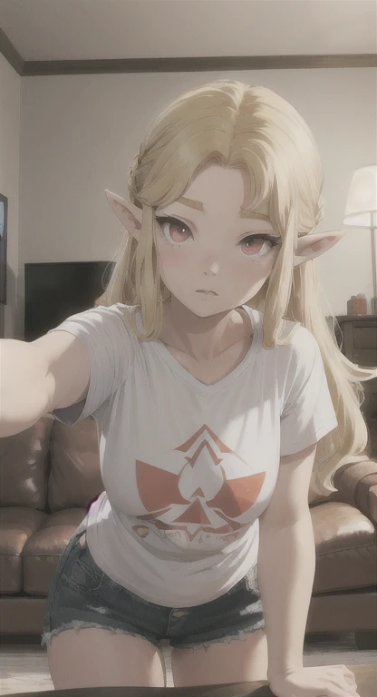 Chubby, Beautiful Hylian, Hylia, T-shirt, blonde, red eyes, living room, POV, grabbing viewer, 