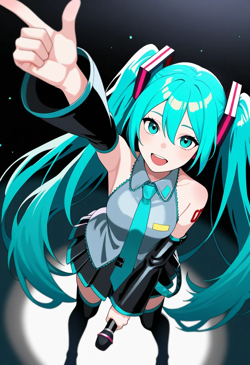 masterpiece, best quality, realistic, from above, dutch angle, solo, 1girl, hatsune miku, vocaloid, :d, upper teeth only, looking at viewer, standing, holding microphone, singing, outstretched arm, pointing up, aqua hair, twintails, hair ornament, aqua eyes, grey shirt, sleeveless shirt, aqua necktie, black sleeves, detached sleeves, black skirt, pleated skirt, black thighhighs, dark background, stage, spotlight
