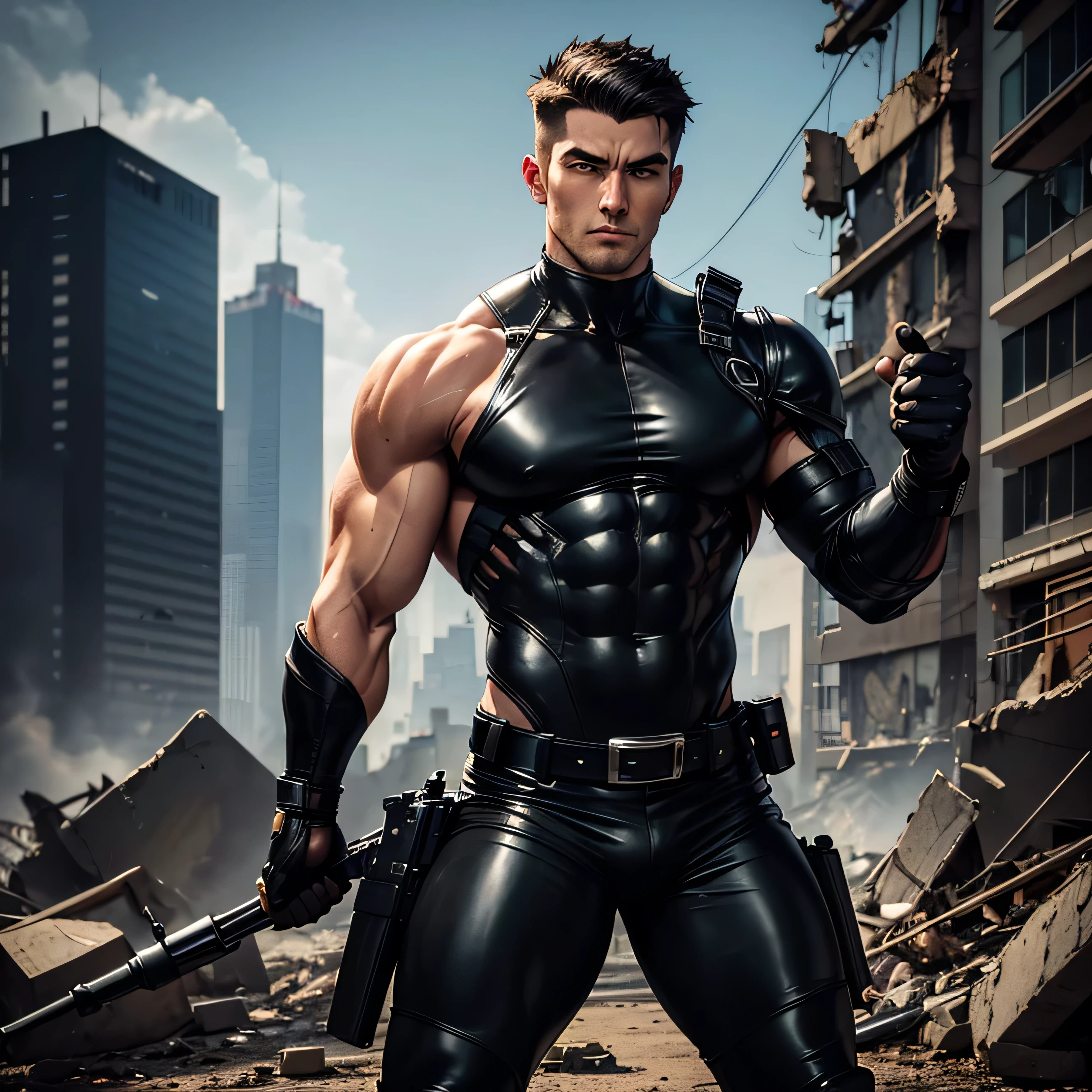 Age 27,  One Man,Muscular、 black bodysuit 、 black leather pants 、Shocker Belt、 black gloves 、  black boots 、Combatant、Combat pose、 Face、City of Rubble　bombing　inflammation　　 feet 　Spread it out、 cool battle pose 、Gay、logic、Handsome soldier　　Cool guy　　  Upper Body Up 　Release the machine gun