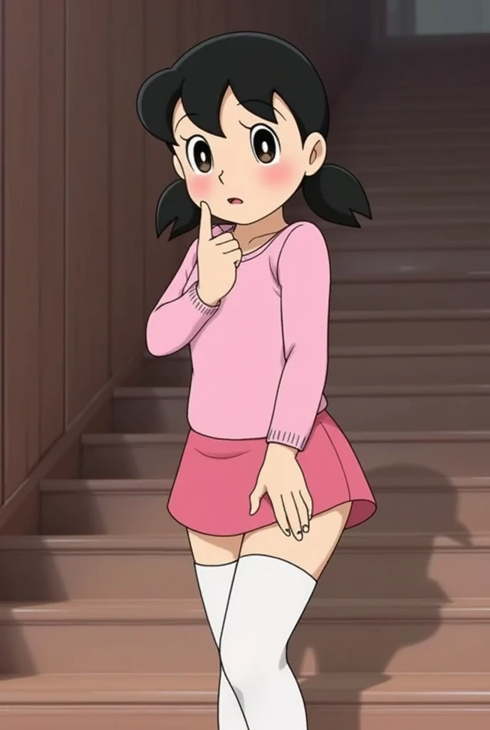 Shizuka, short black hair, pigtails, large breast, tight clothes, face blush, sweaty, wet clothes, blush, dress, long white socks, miniskirt 