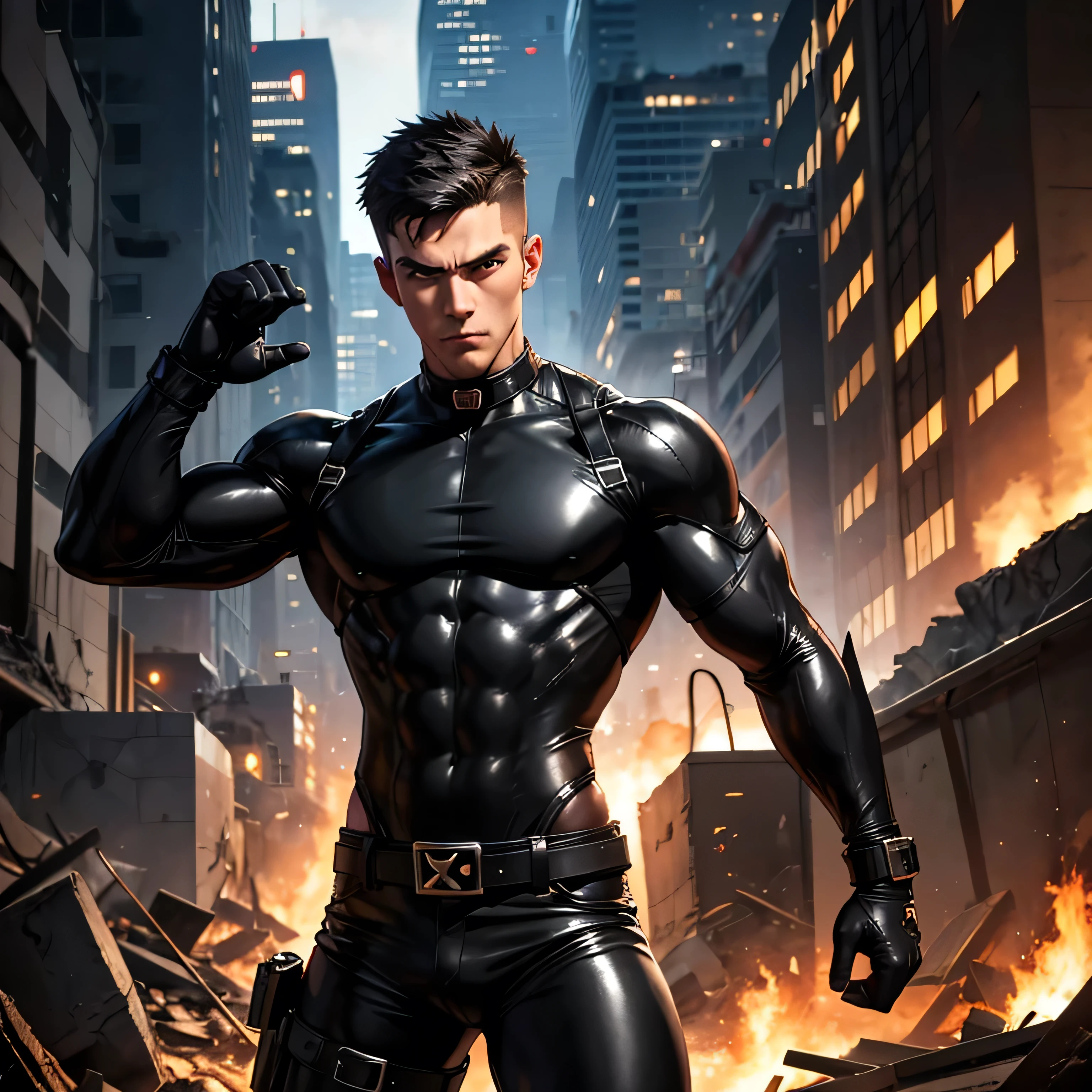 Age 27,  One Man,Muscular、 black bodysuit 、 black leather pants 、Shocker Belt、 black gloves 、  black boots 、Combatant、Combat pose、 Face、City of Rubble　bombing　inflammation　　 feet 　Spread it out、 cool battle pose 、Gay、logic、Handsome soldier　　Cool guy　　  Upper Body Up 　Release the machine gun