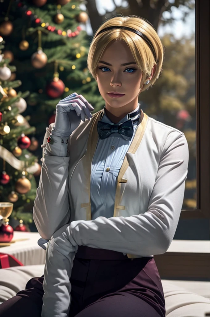 Short hair, blonde, solo, sitting, realistic, detailed, beautiful face, BLUE eyes, makeup, King Kof, (byzantium jacket, byzantium pants), gloves, body, (sitting), Christmas tree, Christmas gift, Christmas, perfect hands, Black Bow tie