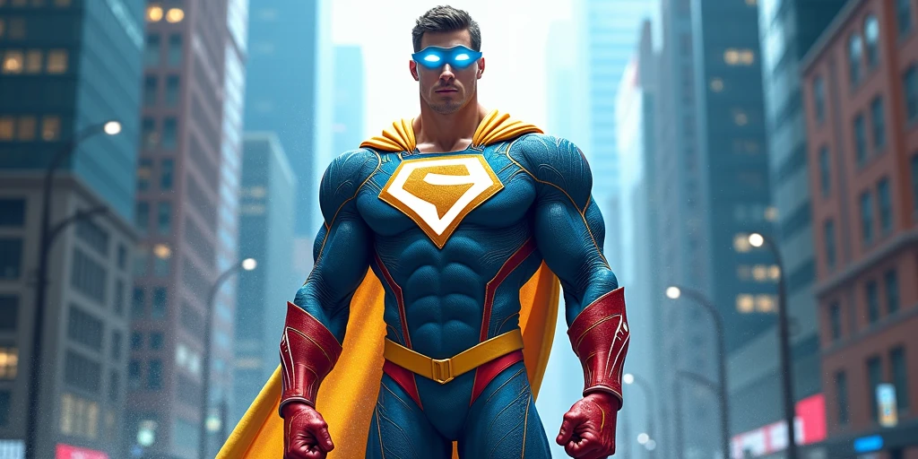 a male superhero wearing red visor, muscular build, blue and yellow costume, in heroic pose, highly detailed face and body, cinematic lighting, dramatic action scene, epic sci-fi landscape, digital art, concept art style, vibrant colors, (best quality,4k,8k,highres,masterpiece:1.2),ultra-detailed,(realistic,photorealistic,photo-realistic:1.37)
