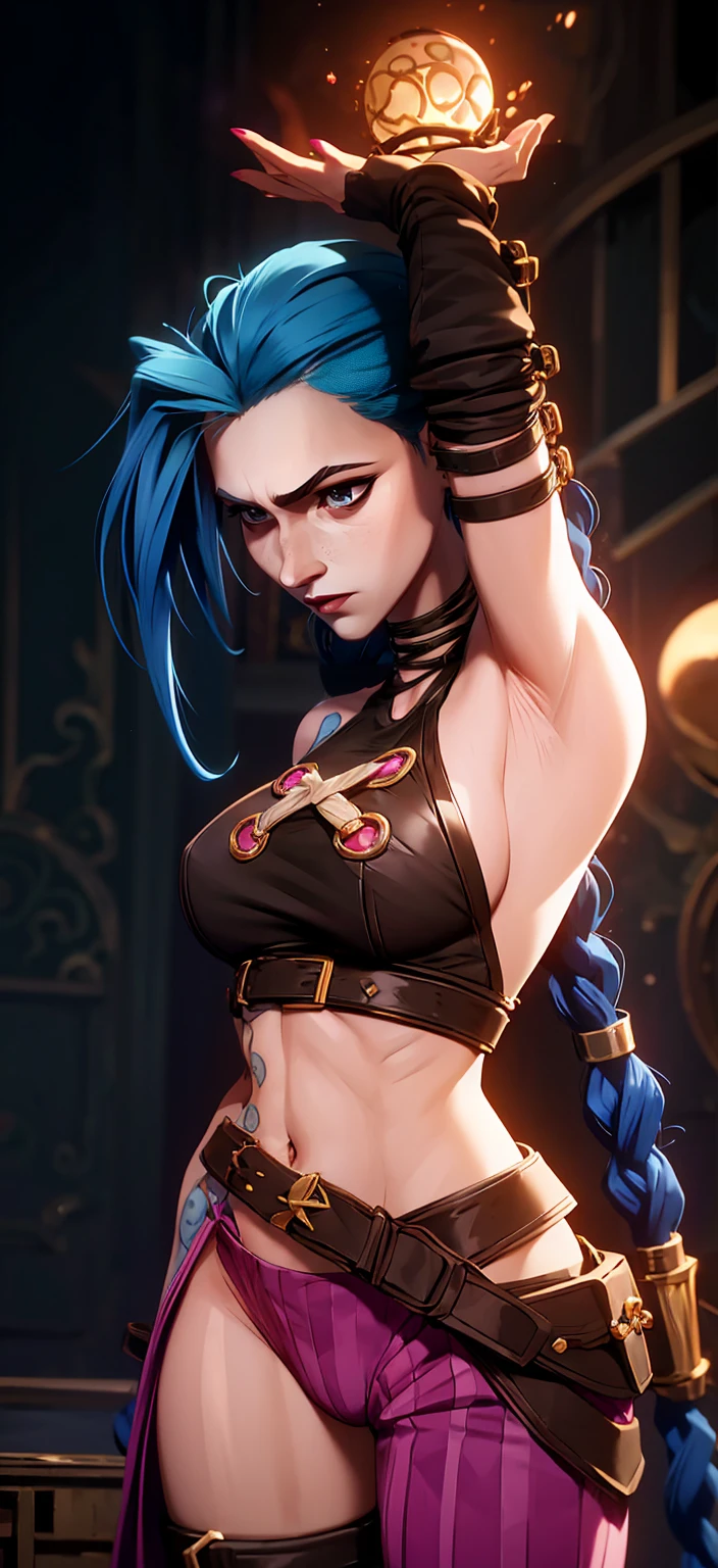 arcane style, 1 girl, tattoo on the arm, asymmetrical bangs, bangs, blue hair, braid, muscular with a deep v, look at the viewer, seductive smile, flirtatious, licking lips, saliva, drops of saliva ,( night, room with a sexual moment)) ,green hair, long hair, stomach, ((long tits)), semi-naked, wet, sweaty, sweat drops, erect zenos, pink eyes, red lips,  Super Fine Trikini, Almost Naked, Super Detail, Solo, Sexy Pose, Tattoo, Twin Braids, Upper Body, Arcane Curse, Curse (League of Legends\)
