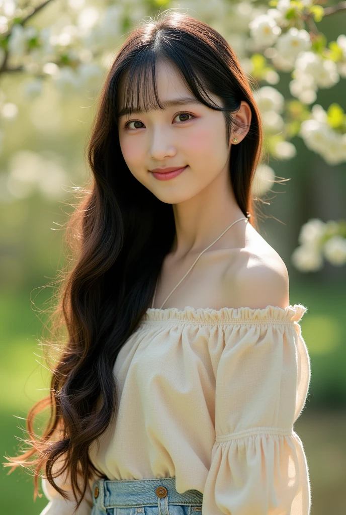 A young cute asian girl, (Wearing casual clothes for spring:1.2), Very beautiful Japanese idol portraits, 
(Raw photo, highest quality), (realistic, Photoreal:1.4), (masterpiece), 
very delicate and beautiful, very detailed, 2k wallpaper, wonderful, finely, Very detailed CG Unity 8K wallpaper, Super detailed, High resolution, soft light, 
beautiful detailed girl, long hair with bangs ,very detailed beautifully detailed nose, beautifully with fine eyes, cinematic lighting, 
(In the Garden:1.3),
(Long hair), (bangs), 
complete anatomy, slender body, small breasts, smile