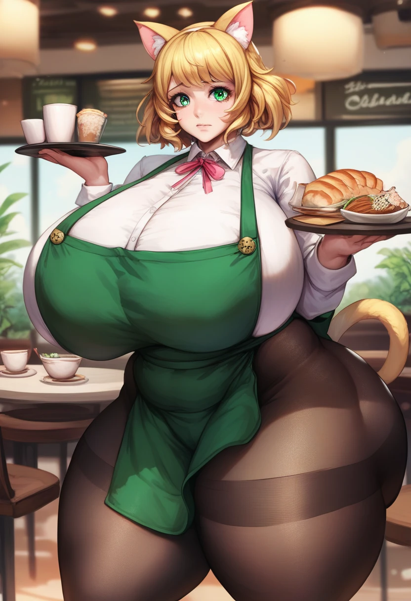 ​masterpiece,top-quality, high resolution,anime, dynamic pose, beautiful woman, cowboy shot,tall, detailed figure, dynamic lighting,1girl, (worried, looking at viewer, yellow hair,cat ears, green eyes,green apron,skirt ,cafe, pantyhose), gigantic breasts, huge thighs,, (plump)