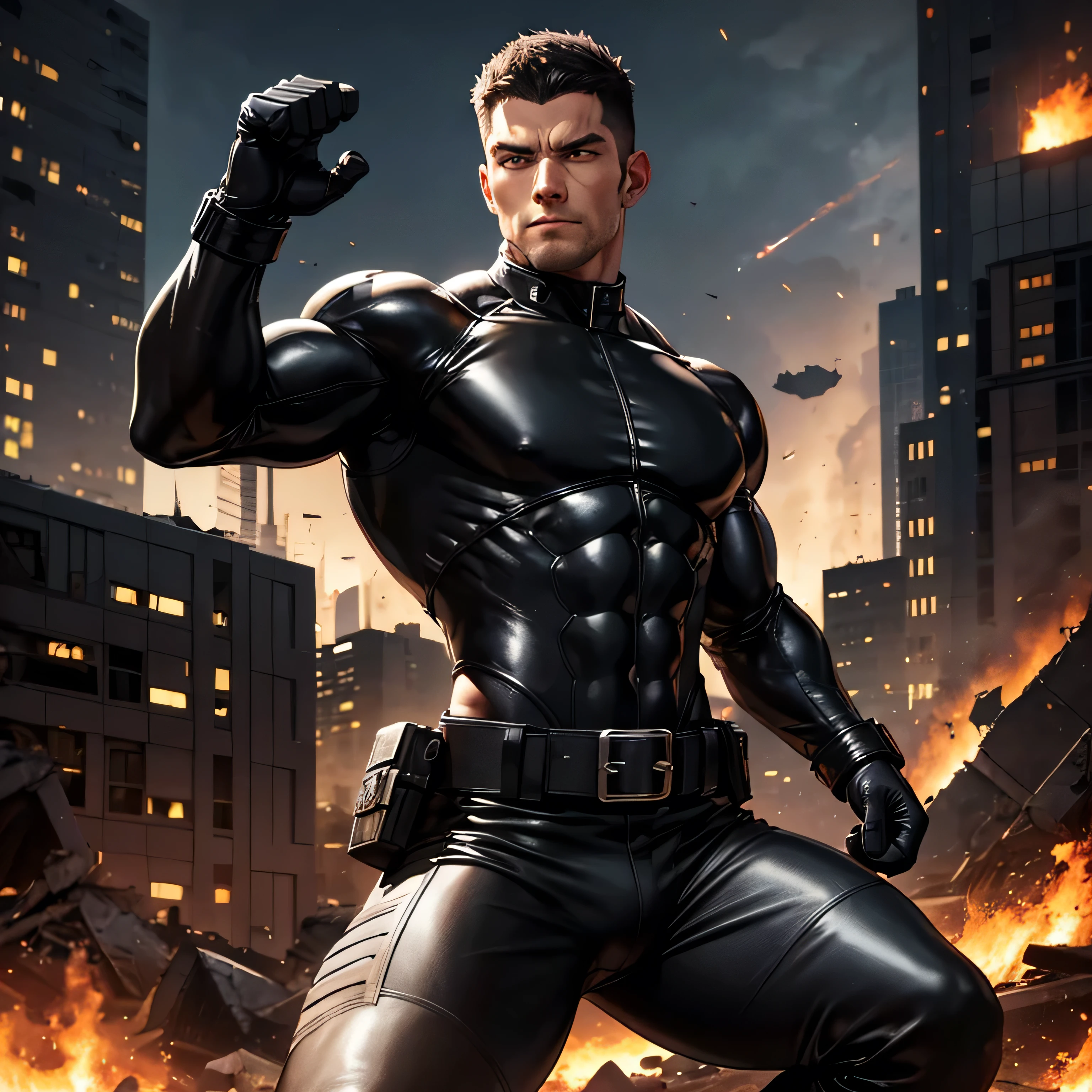 Age 35,  One Man,Muscular、 black bodysuit 、 black leather pants 、Shocker Belt、 black gloves 、  black boots 、Combatant、Combat pose、 Face、City of Rubble　bombing　inflammation　　 feet 　Spread it out、 cool battle pose 、Gay、logic、Handsome soldier　　Cool guy　　  Upper Body Up 　Release the machine gun