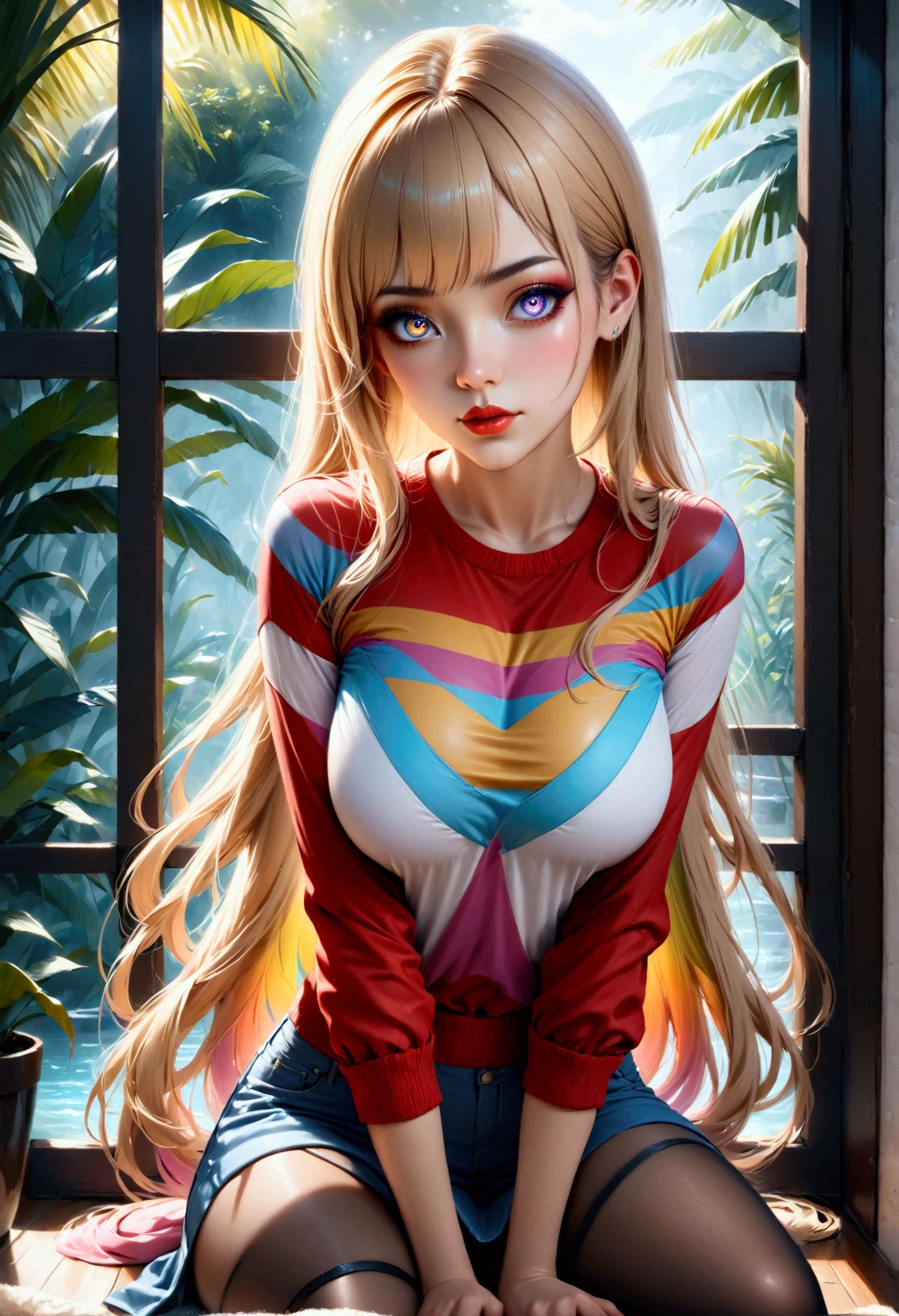 infp young woman, Beautiful big breasts, Front opening shirt, Body painting with pop designs drawn directly all over the body, heart shapes, Pop Art Design, Cutting-edge fashion, Innovative, The center of attention, tokyo prefecture, newyork, Special art design, pubick hair, cameltoe details, -motto, Background of the novel,