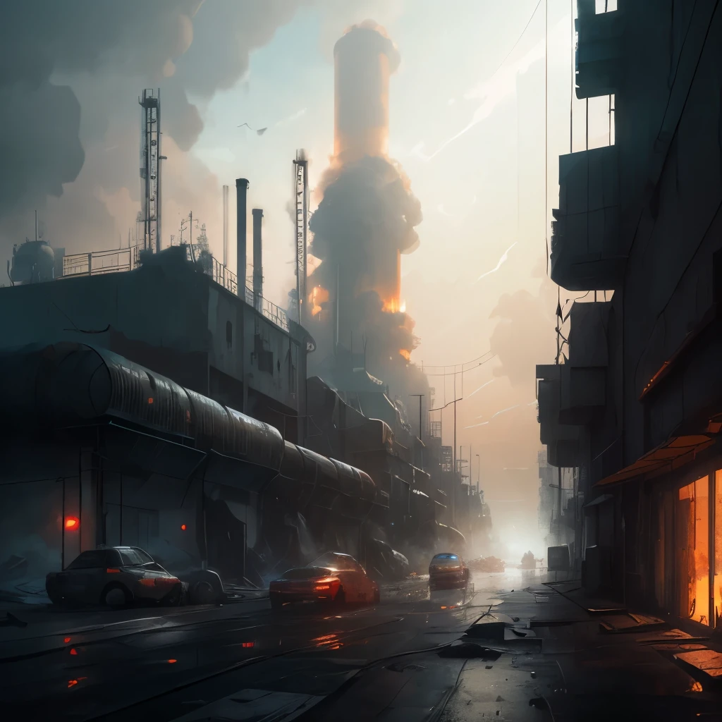 arafed industrial area with smoke and smokestacks in the background, industrial scifi, industrial sci - fi, industrial sci-fi, industrial sci fi, industrial environment, dystopian environment, digital concept art of dystopian, foggy dystopian world, industrial setting, factory background, dystopian atmosphere, industrial complex, detailed atmospheric and gritty, scenic dystopian environment, industrial aesthetic