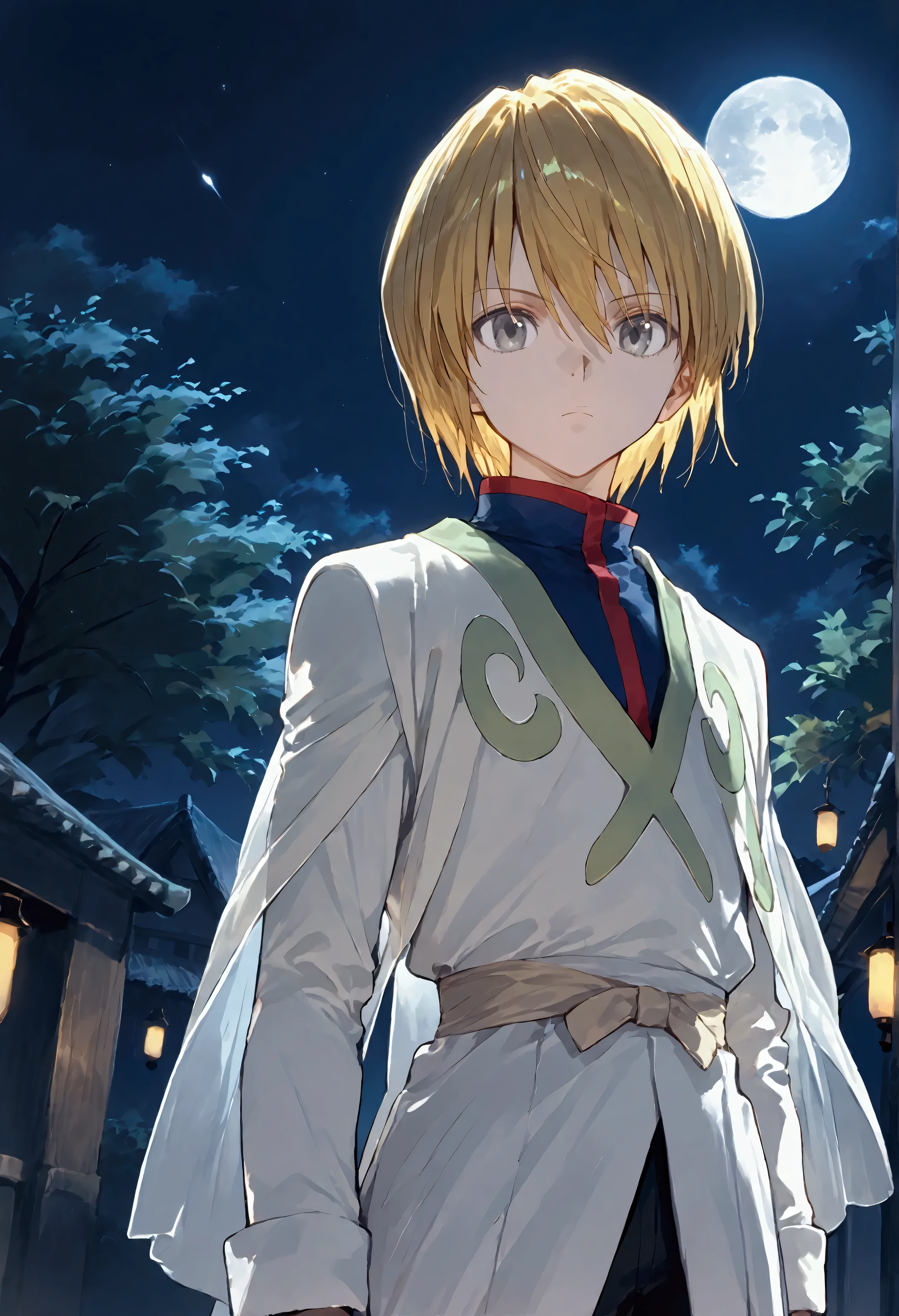 score_9, score_8_up, score_7_up, source_anime ,1boy, solo, kurapika_hxh, blonde hair, grey eyes, short hair, bangs, hair between eyes, The Kingdom of the Unicorn,cowboy shot,outdoor,dark,night,moon,