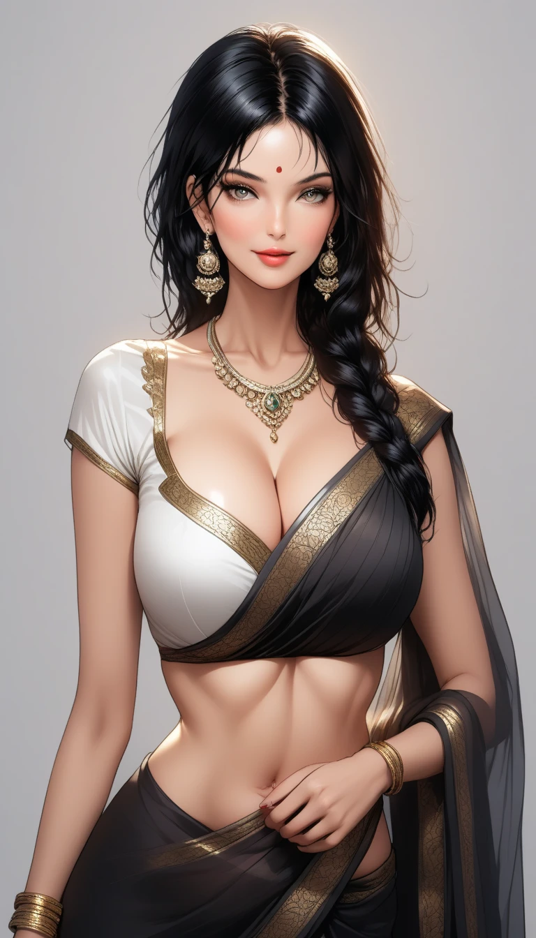 Hot milf, black saree, long silver jhumki earrings, lipstick, black hair, medium sagging breasts, cleavage ,makeup, white blouse ,navel, eyeliner, eyeshadow, detailed art style,long jewellery, multiple necklace,long necklace,bangles, accessories , intricate patterns on saree,long necklace, realistic skin, realistic saree ,hair braid , Cleavage 