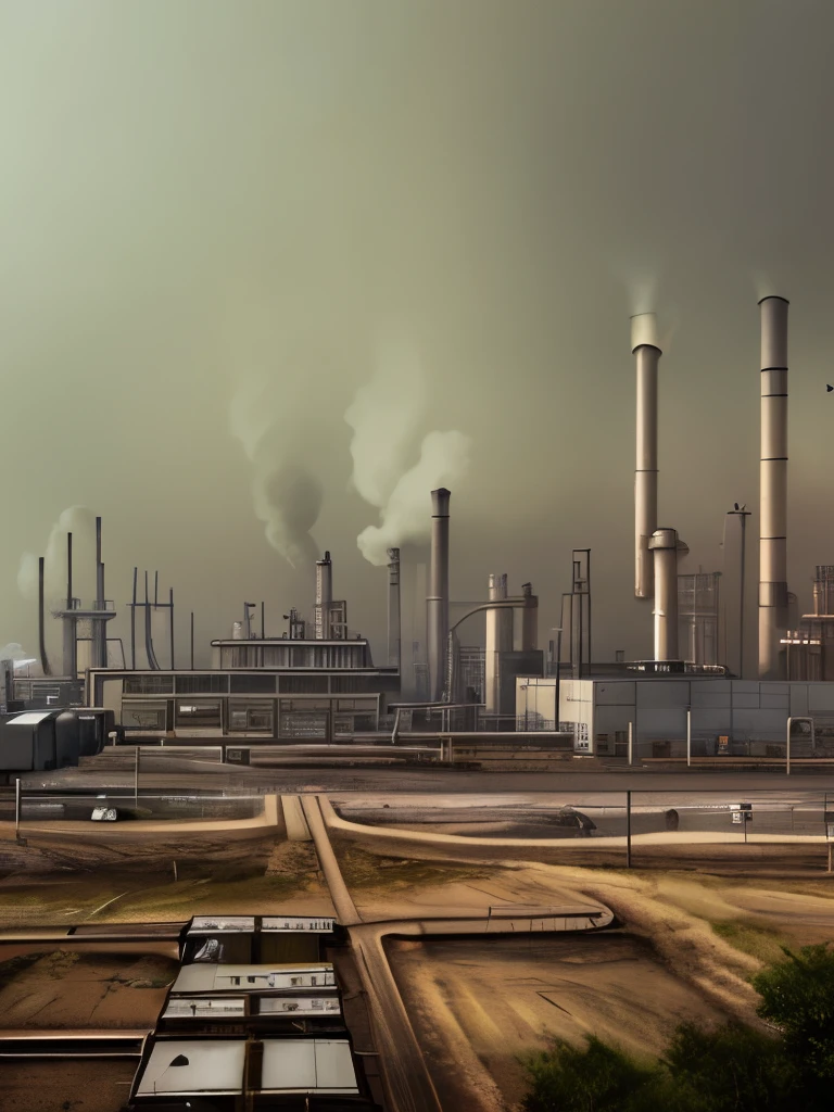 arafed industrial area with smoke and smokestacks in the background, concept art inspired by Ismail Inceoglu, cgsociety contest winner, conceptual art, industrial scifi, industrial sci - fi, industrial sci-fi, industrial sci fi, industrial environment, dystopian environment, digital concept art of dystopian, foggy dystopian world, industrial setting, factory background, dystopian atmosphere